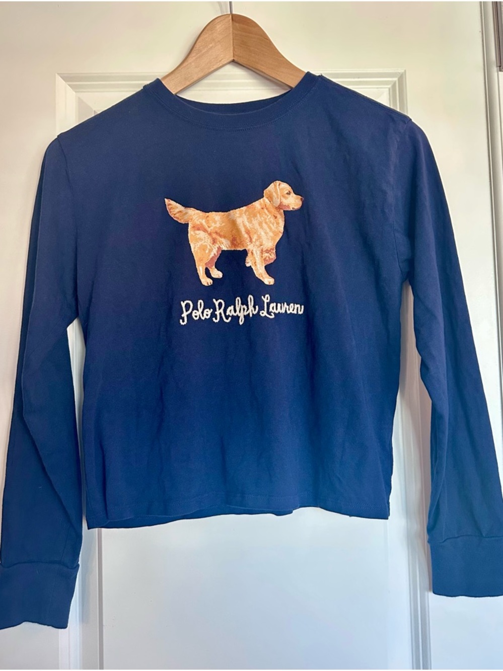 Girls Polo Ralph Lauren Navy Long Sleeve T-shirt with cute Golden Retriever